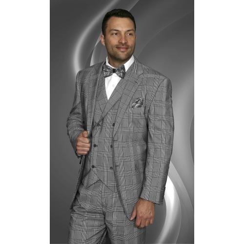 Statement Confidence Grey / Black / White Plaid Super 150's Wool Vested Suit TZ-952